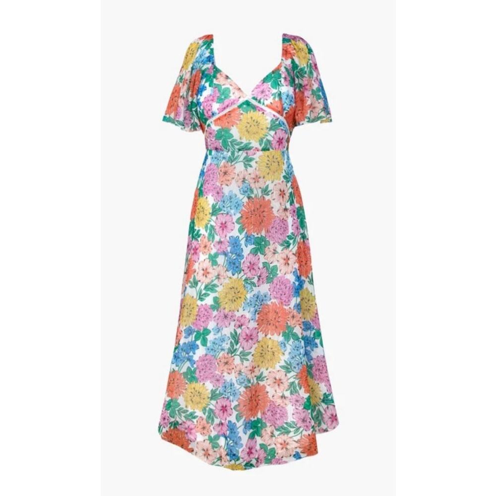 Adelyn Rae Floral chiffon midi flowy flutter sleeve dress Sz L Spring wedding